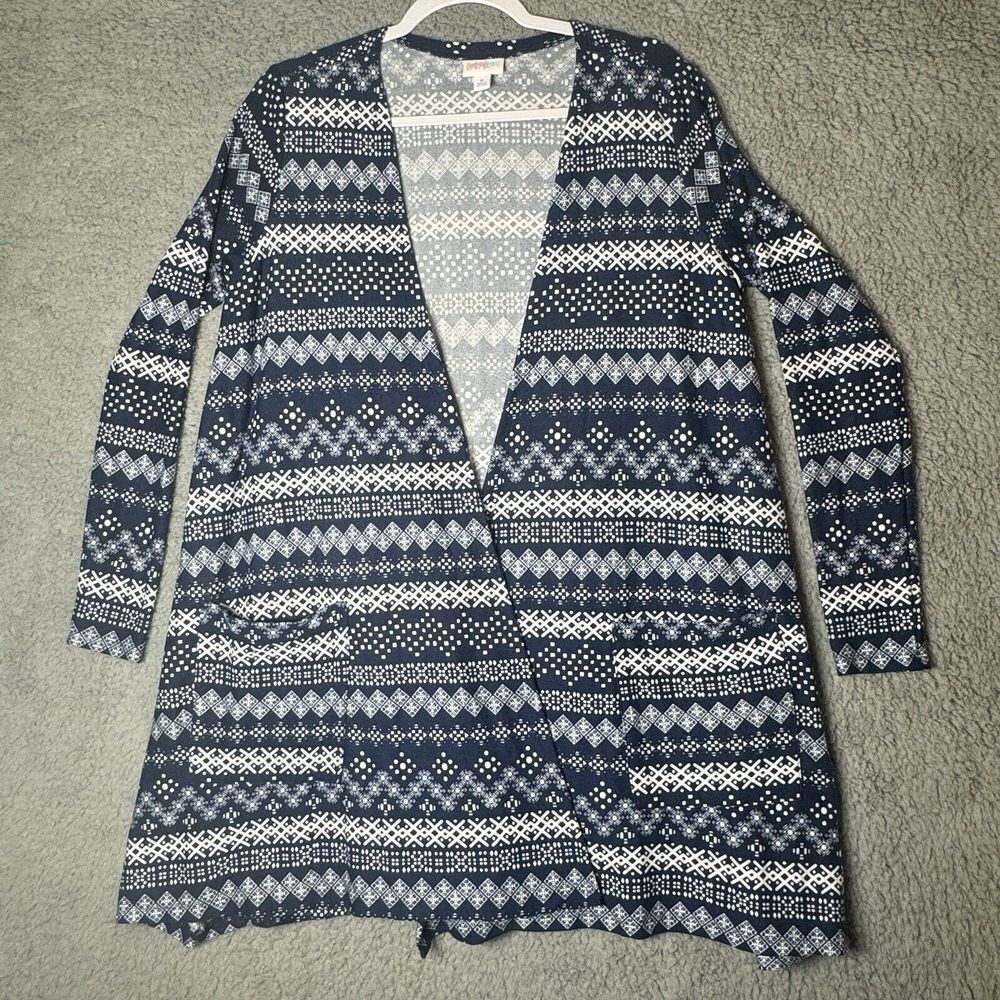 Lularoe Caroline Cardigan Sweater Blue & White Geometric Patterns Open Front Med